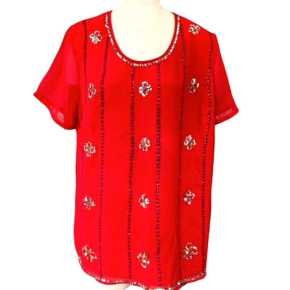 Ashley Stewart Red Sheer Sequined Short Sleeve Tunic Top Plus Sz 18/20 #194F - Picture 1 of 7
